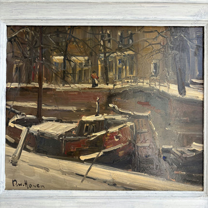 Detailed Harbor Scene Oil Painting "Snowy Street" Rustic Art Holland Art Shop
