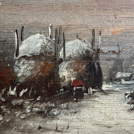 19th Century Antique Winter Landscape Oil Painting "Hay Carts" Small Artwork Holland Art Shop