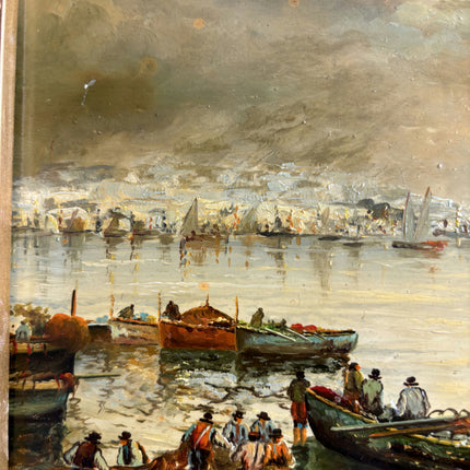 Detailed Harbor Scene Oil Painting "Gilded Frame" Rustic Small Art Holland Art Shop