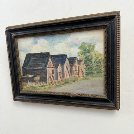 Elegant Farm Oil Painting "Row Houses" Vintage Small Art Holland Art Shop