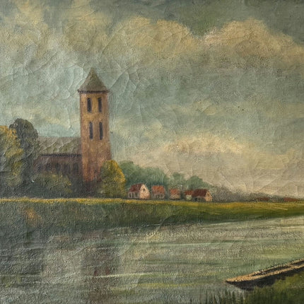 1921 Antique Harbor Scene "River Tower" Large Art Holland Art Shop