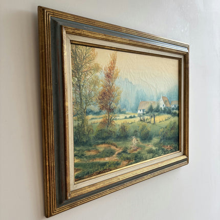 Vintage Landscape Oil Painting "Cottage Cluster" Handcrafted Belgique Art Holland Art Shop