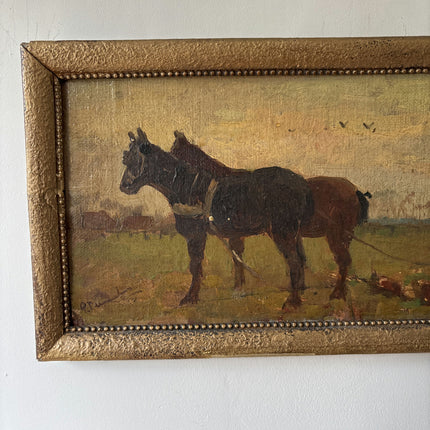 19th Century Antique Figurative Oil Painting "Pair Of Horses" Dutch Art Holland Art Shop