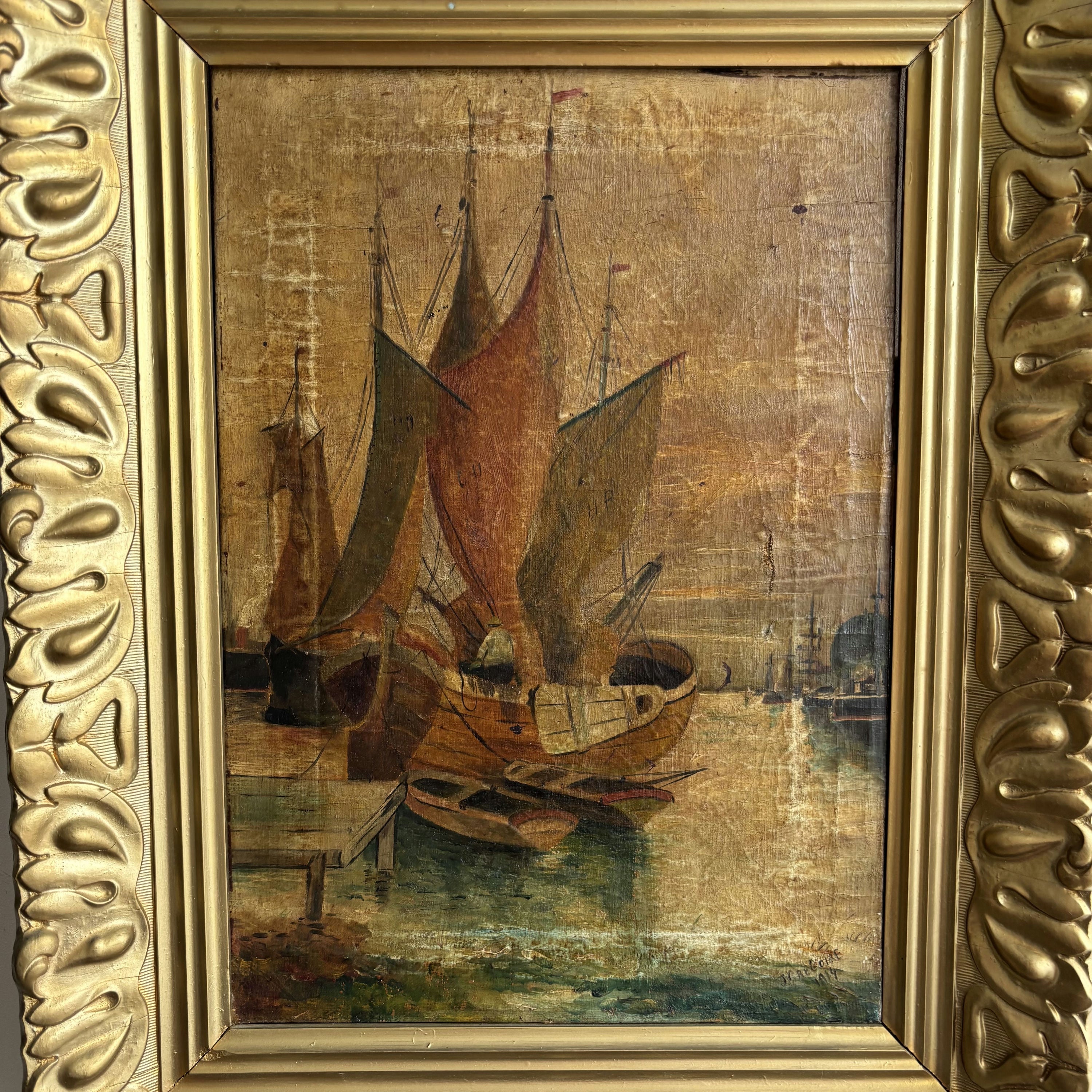 1914 Antique Harbor Scene Oil Painting 
