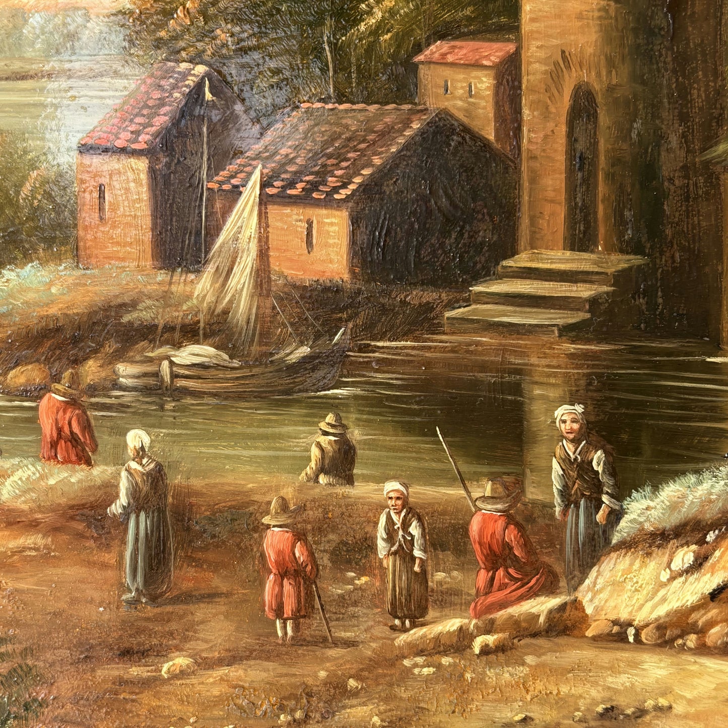 Marvelous Oil Painting Cityscape "Fishing Village" Fine French Art