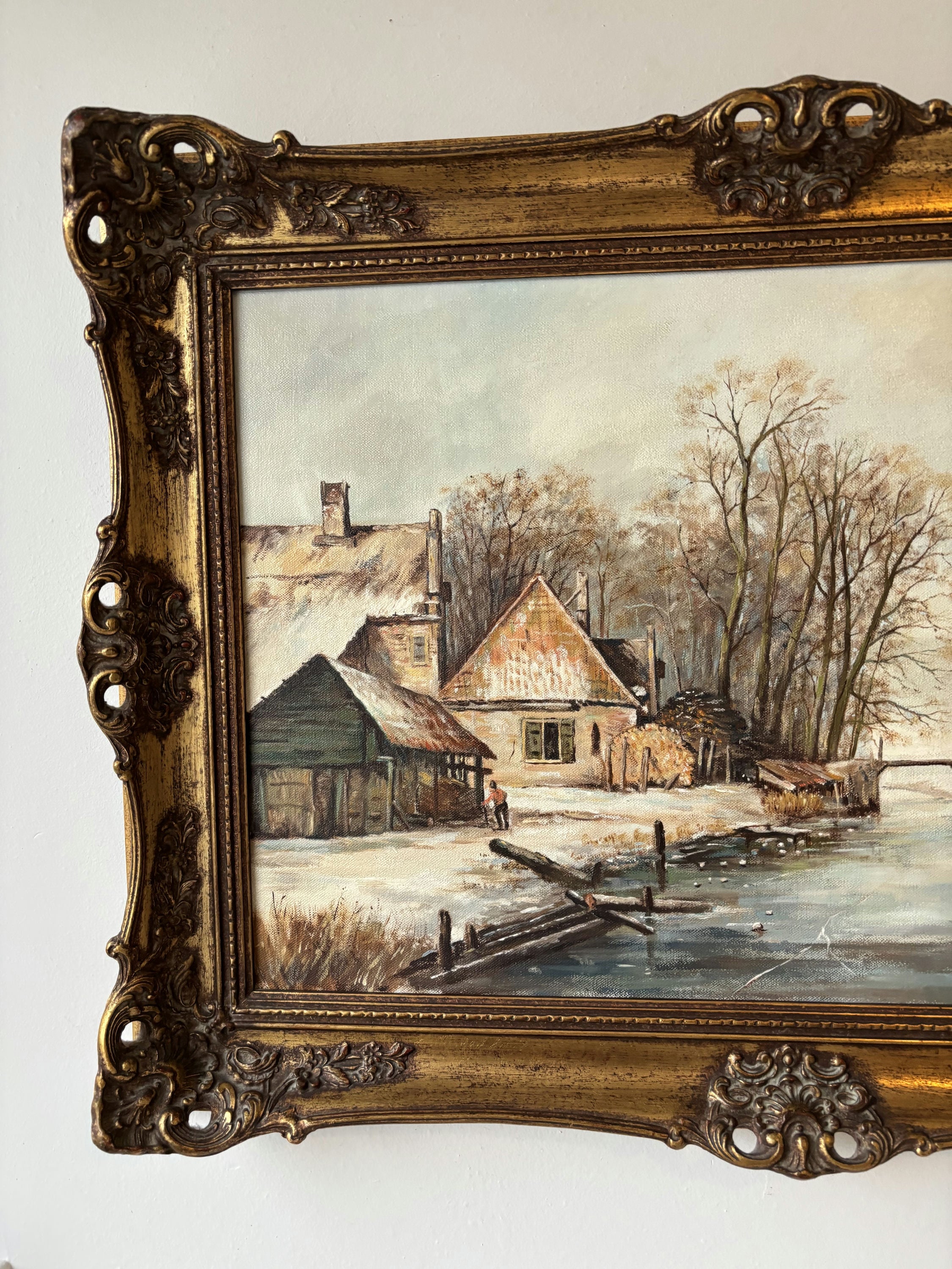 20th Century Riverside Winter Village Trees Bridge Oil Painting Vintage