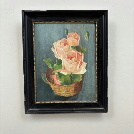 1932 Floral Still Life Oil Painting "Rose Basket" Small Artwork Holland Art Shop