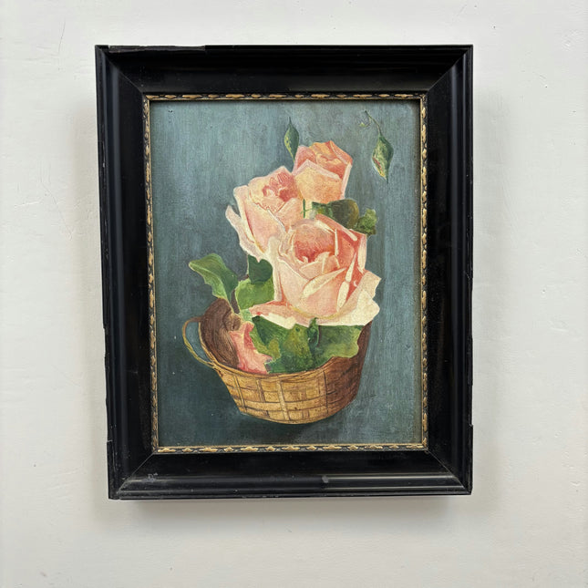 1932 Floral Still Life Oil Painting "Rose Basket" Small Artwork Holland Art Shop