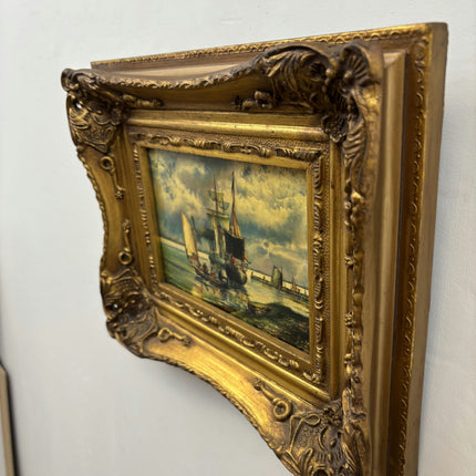 19th Century Antique Seascape Oil Painting "Golden Frame" Small Artwork Holland Art Shop