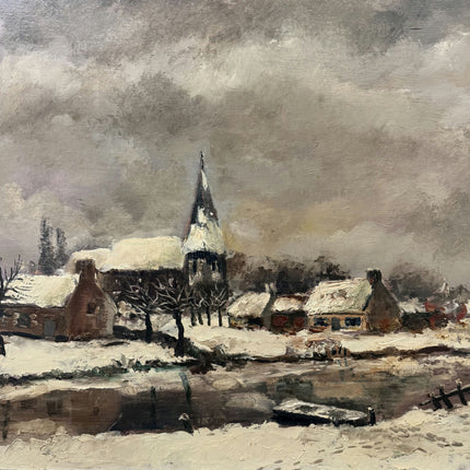 Vintage Winter Landscape Oil Painting "Snowy Village" Refined Belgian Artwork Holland Art Shop