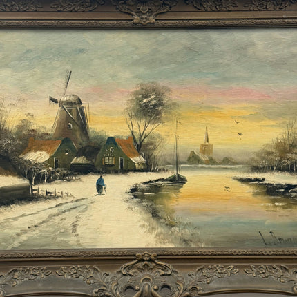 Rustic Winter Landscape Oil Painting "Winter Windmill" Original Large Artwork Holland Art Shop