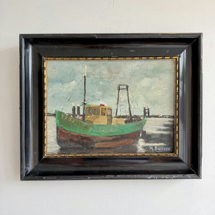 Rustic Seascape Oil Painting "Green Boat" Traditional Small Art Holland Art Shop