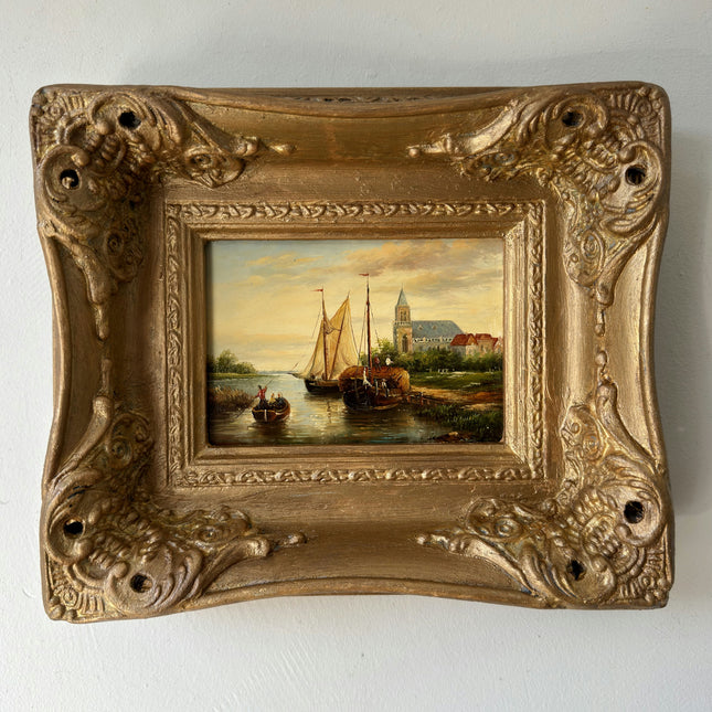 Remarkable Oil Painting Scenery "Fishing Boats" Refined Small Art Holland Art Shop