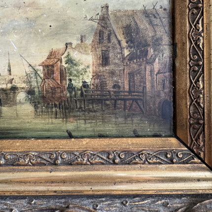 19th Century Antique Harbor Scene Oil Painting "Gilded Frame" Small Art Holland Art Shop