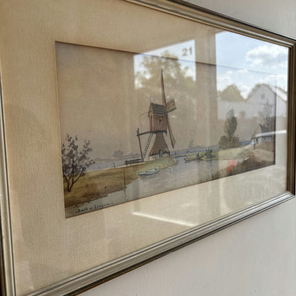 Vintage Landscape Aquarel "Windmill Scene" Original Artwork Holland Art Shop