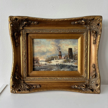 19th Century Oil Painting Winter Landscape "Windmill Scene" Small Artwork Holland Art Shop