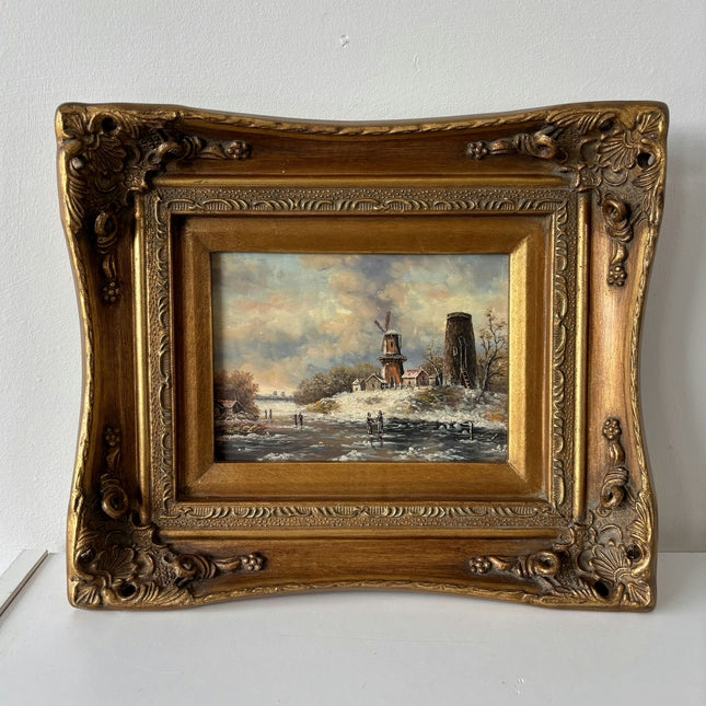 19th Century Oil Painting Winter Landscape "Windmill Scene" Small Artwork Holland Art Shop