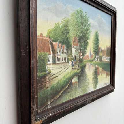 Vintage Cityscape Oil Painting "Village Canal" Traditional Artwork Holland Art Shop