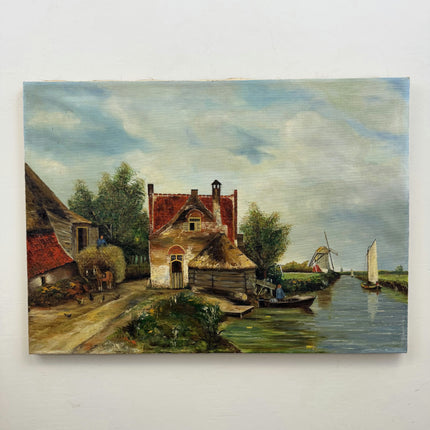 Vintage Farm Oil Painting "Thatched Cottage" Rustic Artwork Holland Art Shop