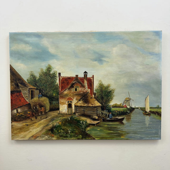 Vintage Farm Oil Painting "Thatched Cottage" Rustic Artwork Holland Art Shop