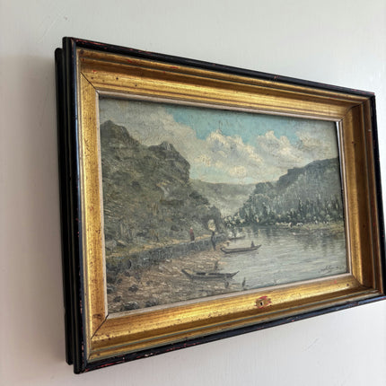 Authentic Landscape Oil Painting "River Boats" Elegant Small Art Holland Art Shop