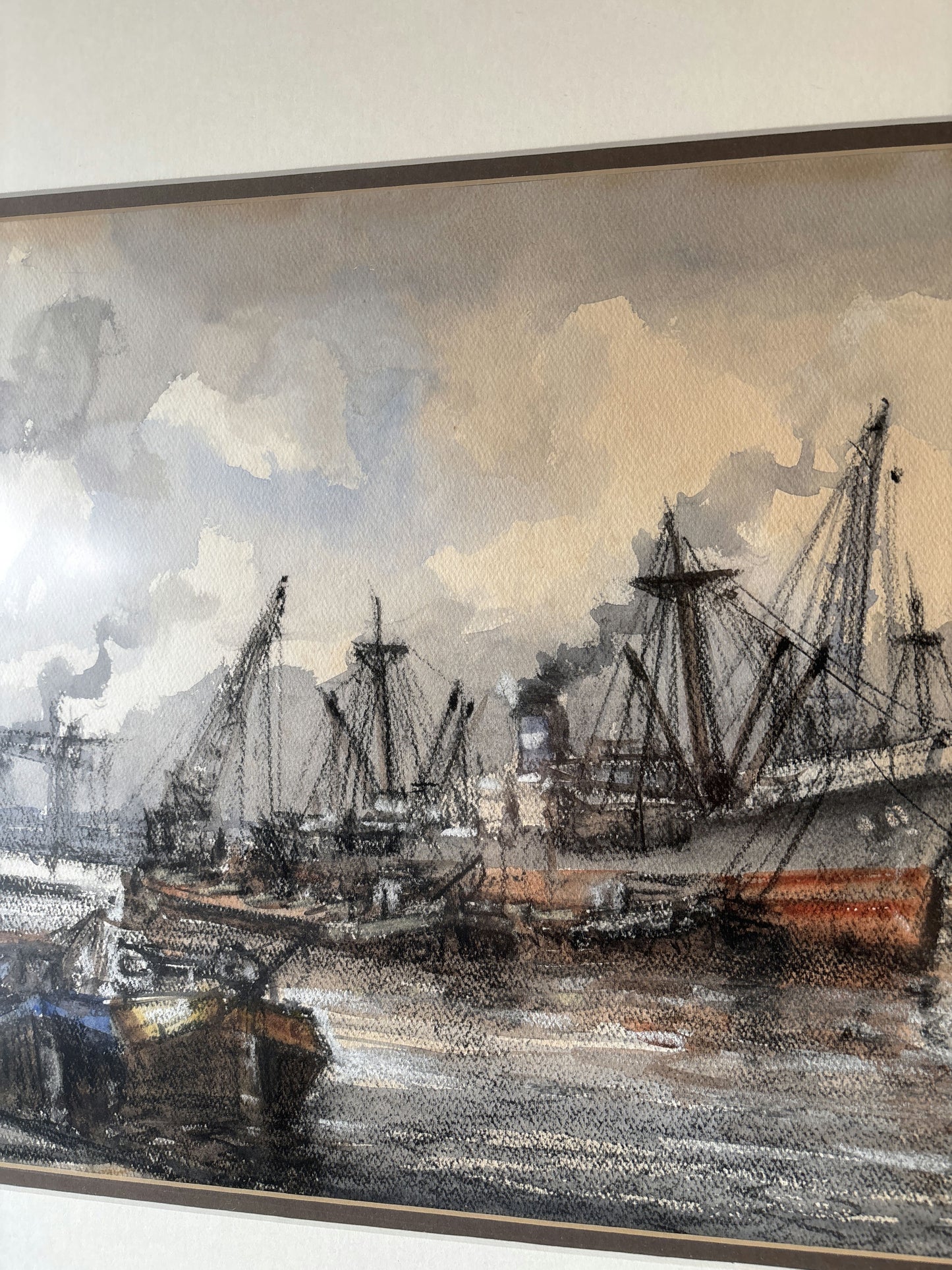Antique Harbor Scene Mixed Media "Harbor Ships" Intriguing Netherlands  Art