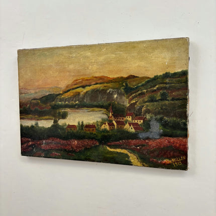 1915 Antique Landscape Oil Painting "Riverside Village" Small Art Holland Art Shop
