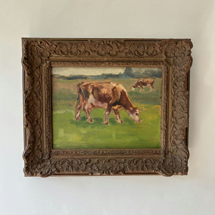 Traditional Animals Oil Painting "Grazing Cow" Vintage Small Art Holland Art Shop