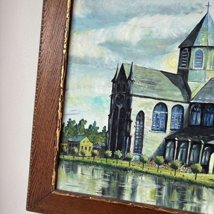 Ca. 1910 Cityscape Oil Painting "Riverside Church" Elegant Artwork Holland Art Shop