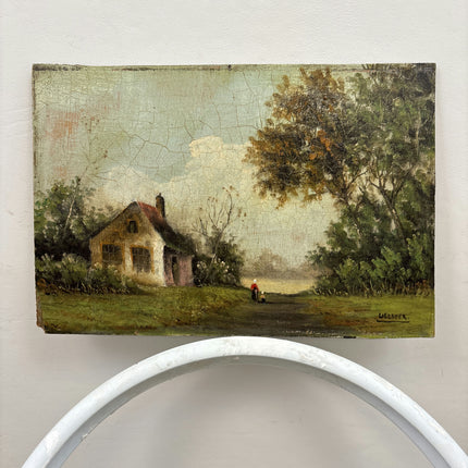 19th Century Antique Landscape Oil Painting "Country Cottage" Small Artwork Holland Art Shop