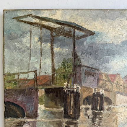 L Vintage Cityscape Oil Painting "River Bridge" Elegant Small Artwork Holland Art Shop
