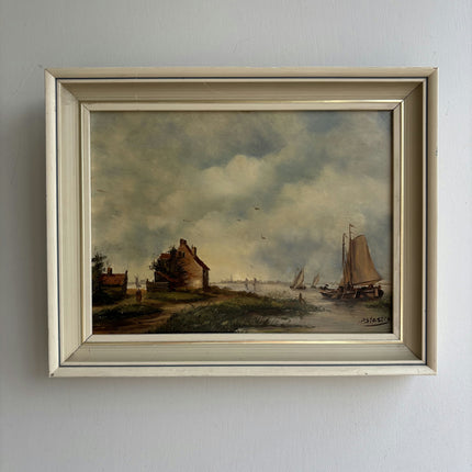 Rustic Harbor Scene Oil Painting "Sailing Boat" Vintage Dutch Artwork Holland Art Shop