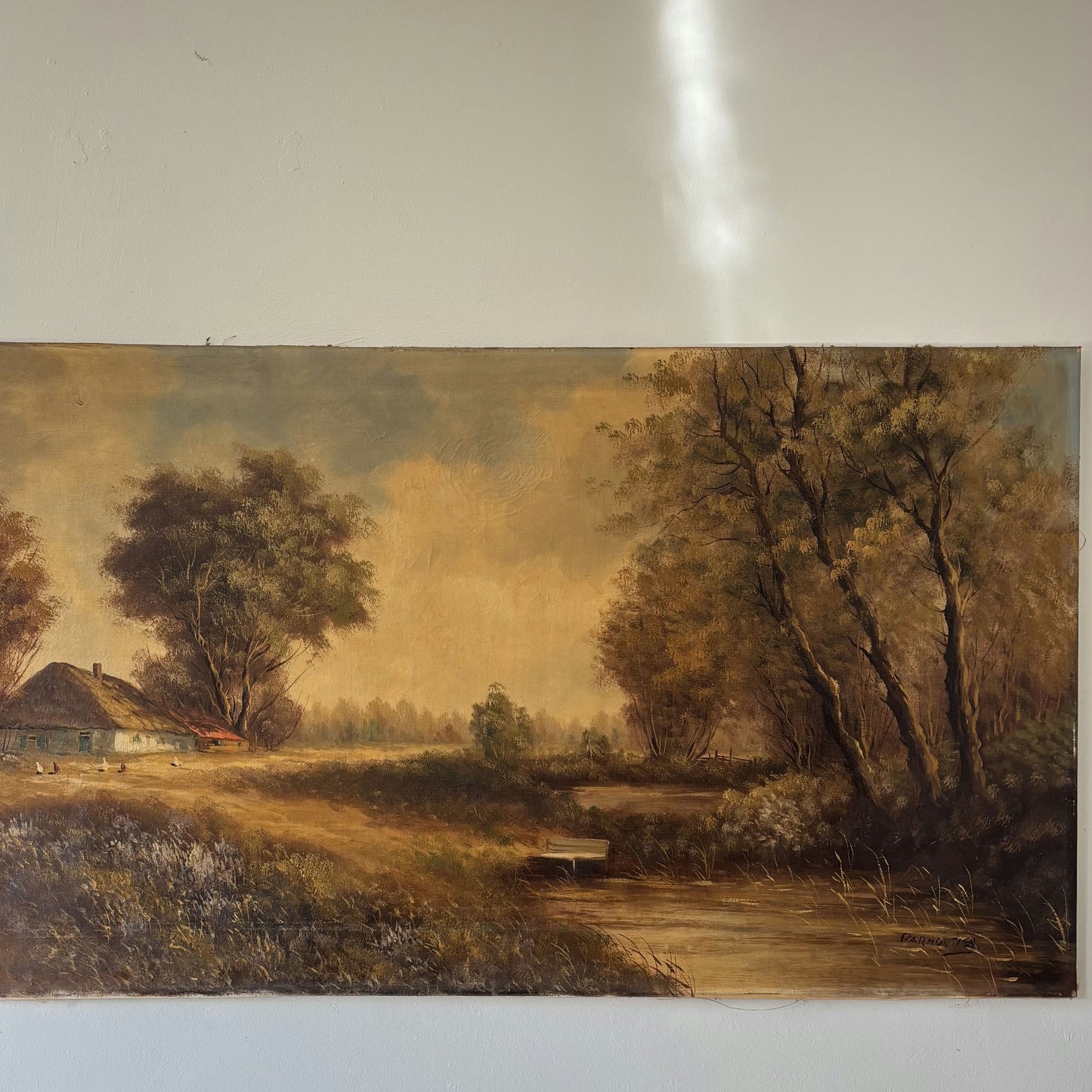 Antique Landscape Oil Painting "Thatched Cottage" Handcrafted Large Art