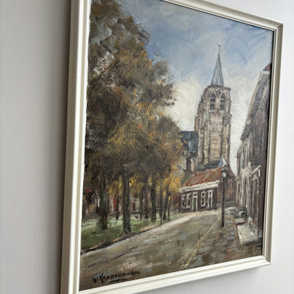 Vintage Cityscape Oil Painting "Church Tower" Original Art Holland Art Shop