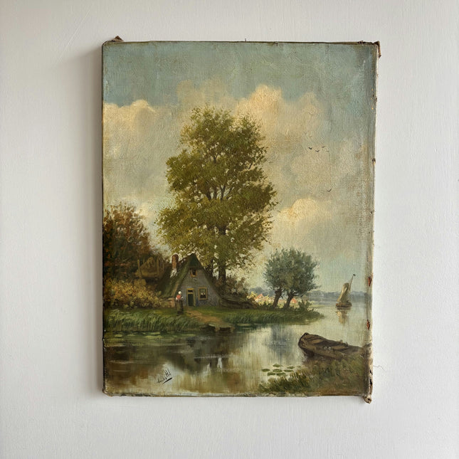 Antique Landscape Oil Painting "Tall Tree" Timeless Small Artwork Holland Art Shop