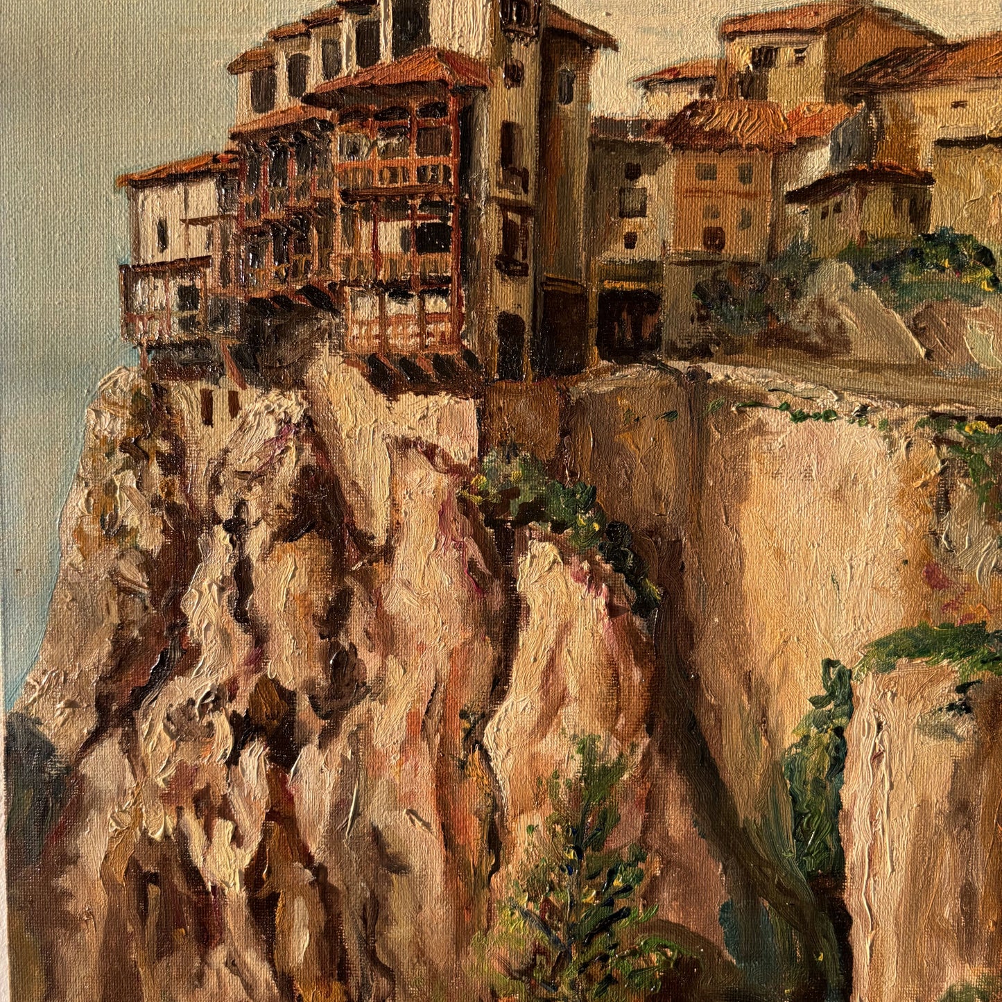 Vintage Landscape Oil Painting "Hanging Houses" Marvelous Medium Artwork