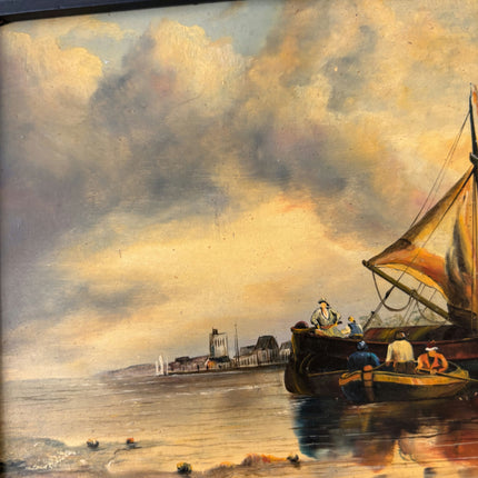19th Century Antique Harbor Scene Oil Painting "Moored Boat" Small Artwork Holland Art Shop