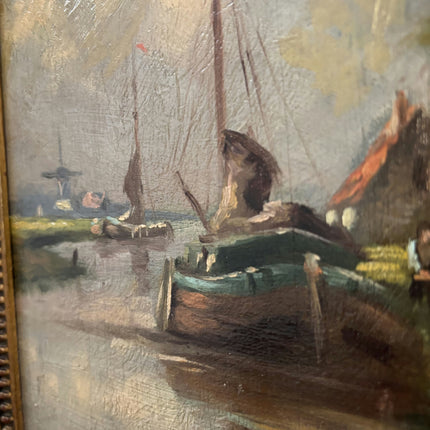 Antique Landscape Oil Painting "Sailboat Mast" Original Small Artwork Holland Art Shop