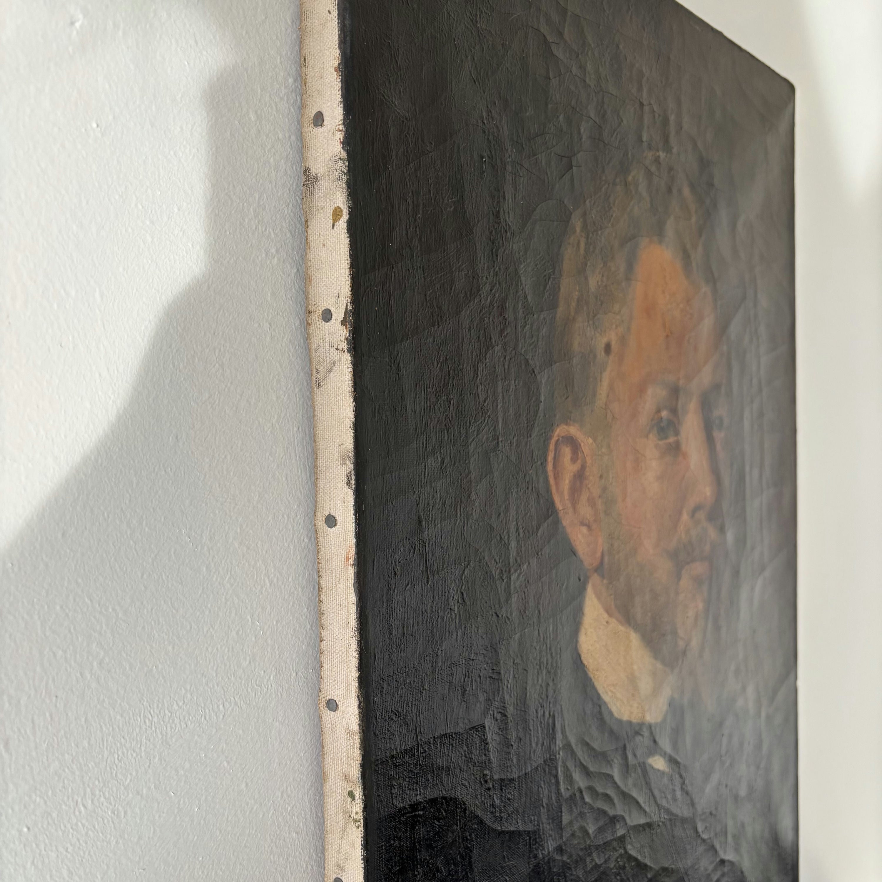 19th Century Gentleman Black Suit Beard Collar Antique Oil Painting Authentic