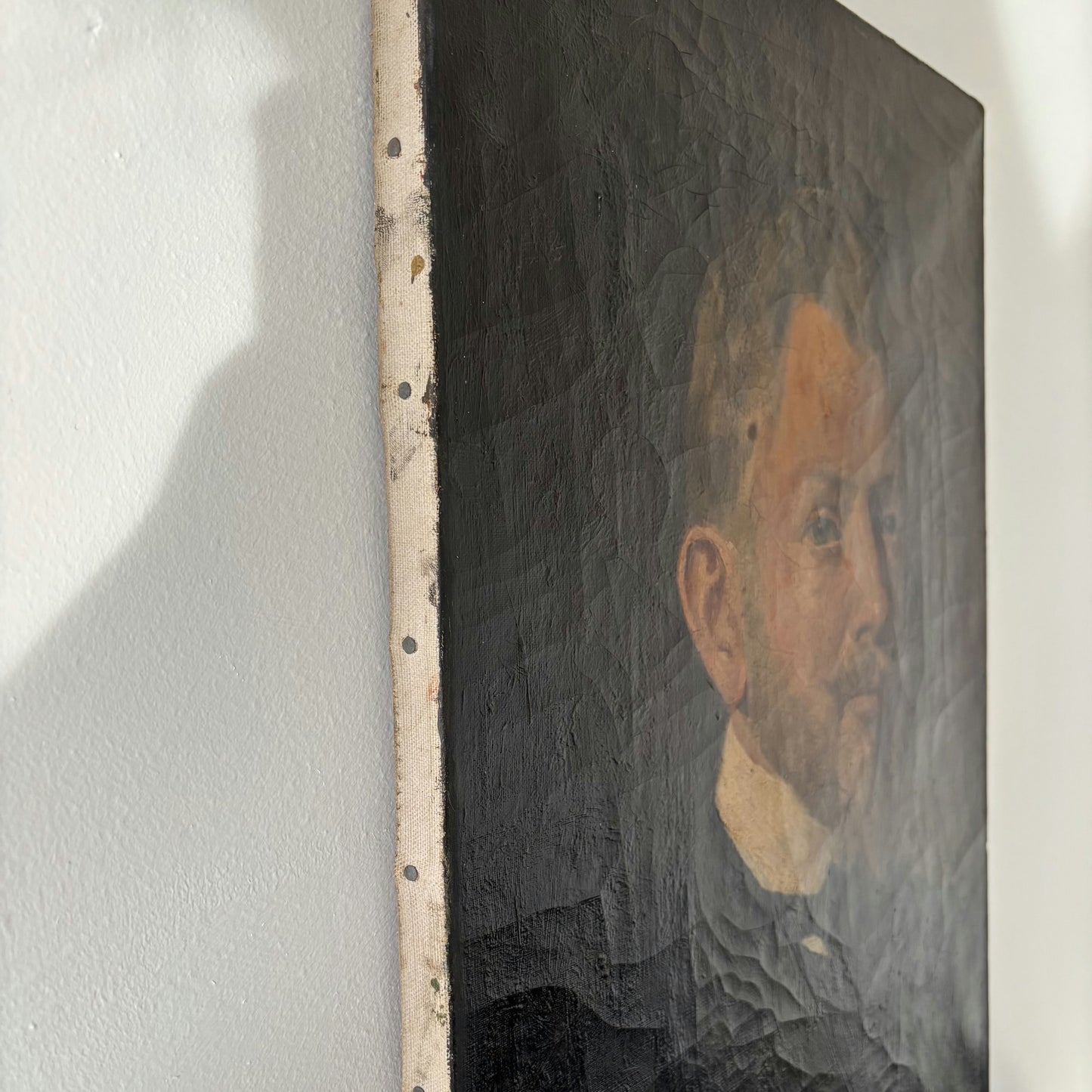 19th Century Gentleman Black Suit Beard Collar Antique Oil Painting Authentic