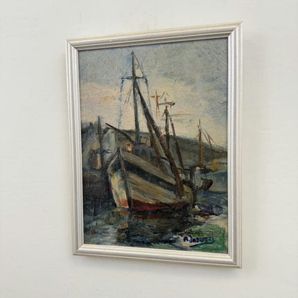 Original Harbor Scene Oil Painting "Fishing Boat" Detailed Small Artwork Holland Art Shop