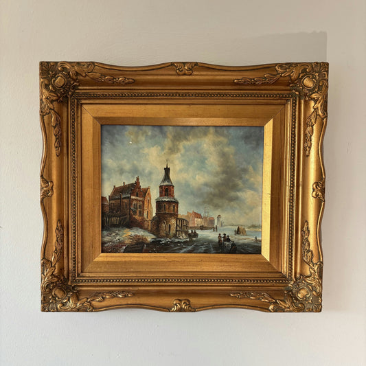 Marvelous Oil Painting Winter Landscape "Brick Tower" Intriguing Small Artwork