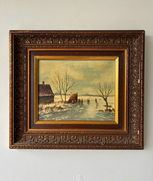 Vintage “Winter Skaters” Original Oil Painting Dutch Ice Scene Framed