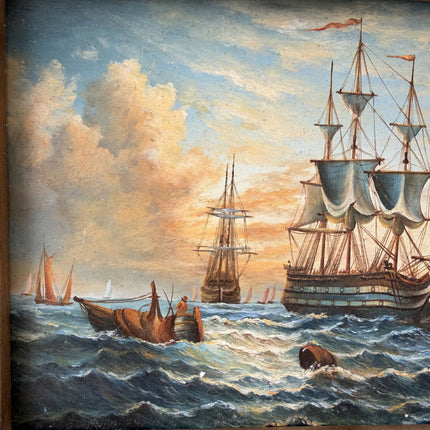 Detailed Harbor Scene Oil Painting "Sailing Ship" Rustic Small Artwork Holland Art Shop
