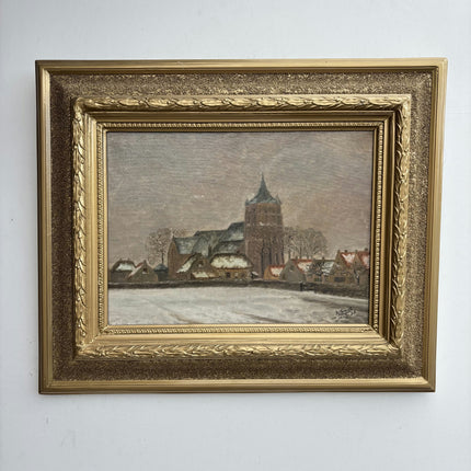 1938 Cityscape Oil Painting "Snow Village" Artwork Holland Art Shop