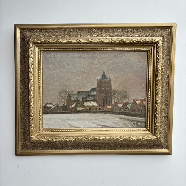1938 Cityscape Oil Painting "Snow Village" Artwork Holland Art Shop