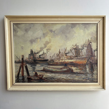Original Harbor Scene Oil Painting "Harbor Ships" Expressive Large Artwork Holland Art Shop