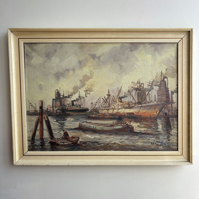 Original Harbor Scene Oil Painting "Harbor Ships" Expressive Large Artwork Holland Art Shop