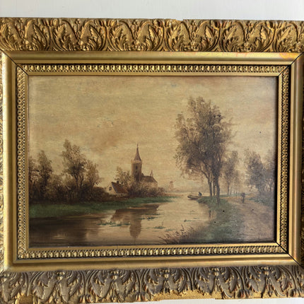 19th Century Antique Landscape Oil Painting "Gilded Frame" Artwork Holland Art Shop