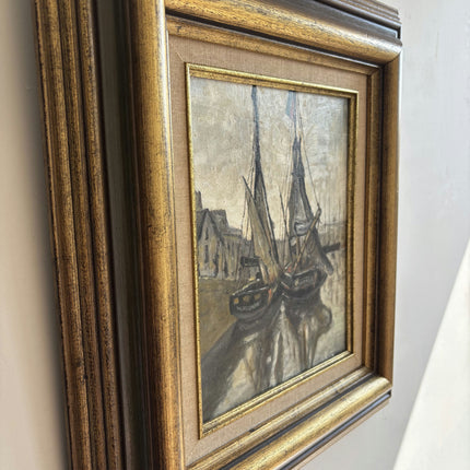 Authentic Seascape Oil Painting "Docked Boats" Rustic Artwork Holland Art Shop